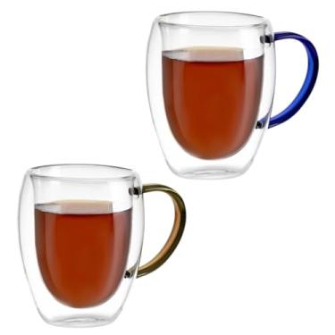 Imagem de Kit Conjunto 2 Xícaras de Vidro Borossilicato Parede Dupla 350ml Transparente com Alça Colorida - 1 Marrom e 1 Azul