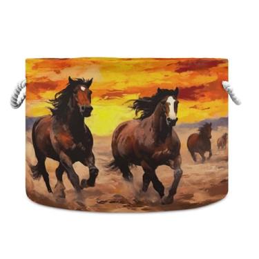 Imagem de Burbuja Cesta de armazenamento redonda de pintura de cavalo com alças de corda de algodão, cesta de lavanderia para cobertores, brinquedos, berçário, decoração de sala de estar