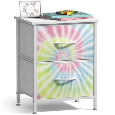 Imagem de Sorbus Mesa de cabeceira com 2 gavetas – mesa de cabeceira infantil – estrutura de aço, tampo de madeira e caixas de tecido fáceis de puxar – cômoda e baú para casa, acessórios de quarto, escritório e