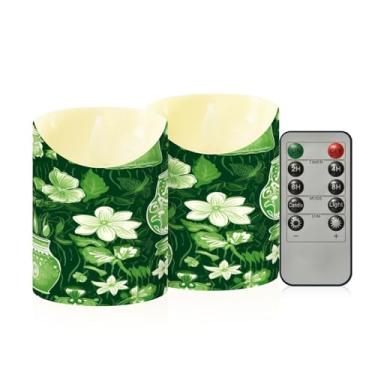 Imagem de Wassud Pacote com 2 vasos de flores verdes e brancos, velas sem chama com controle remoto, velas realistas cintilantes com temporizador, velas decorativas para Natal, casamento, festa, decoração de