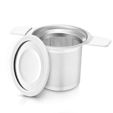 Imagem de Infusor de chá de aço inoxidável para chá de folhas soltas – Coador de malha extrafina com alças duplas e tampa à prova de calor, filtro reutilizável para canecas, xícaras e bules, branco