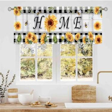 Imagem de Cortinas de cozinha de girassol, buffalo, xadrez, flor amarela xadrez, doce lar, rústico, retrô, pequenas cortinas para cozinha, café, sala de estar, quarto, armário, banheiro, 137 x 45 cm