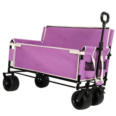 Imagem de Carrinho de carroça dobrável conversível com banco e armazenamento de 226 kg vagão utilitário resistente, rodas para todos os terrenos com capacidade de 180 L para acampamento, praia. (Roxo)