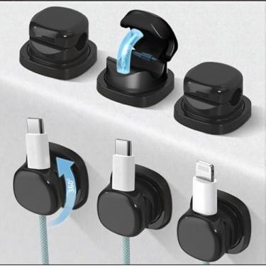 Imagem de Pacote com 6 clipes de cabo preto, adesivo giratório para suporte de cabo, suporte de carregador de telefone para mesa de cabeceira, clipes organizadores de cabos adesivos para parede, carro