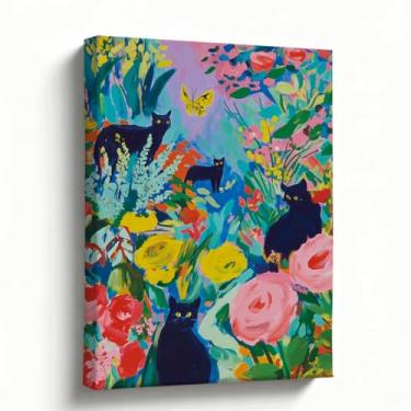 Imagem de Arte de parede de gato, impressão em tela de gatos pretos no jardim de flores, arte botânica colorida, decoração peculiar de casa de campo para sala de estar, quarto, presente para mães de gatos, 20 x