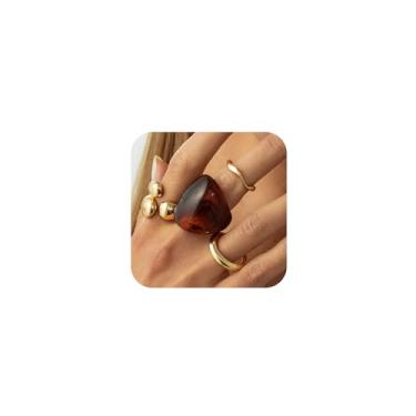 Imagem de Douxsu Conjunto de anéis vintage de resina marrom cúpula de ouro grosso para mulheres, moderno, funky, grosso, apertado, aberto, articulações, conjunto de anéis não manchados, presente de joias de