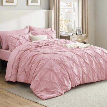 Imagem de Conjunto de edredom Bedsure Queen, 7 peças de microfibra rosa Pintuck