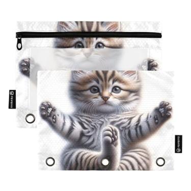 Imagem de GAIGEO Gatinho fofo gato ioga engraçado 3 anéis pasta lápis bolsa zíper fichário lápis fichário transparente estojo caneta meninas escola 25 cm x 18 cm, 2 pacotes