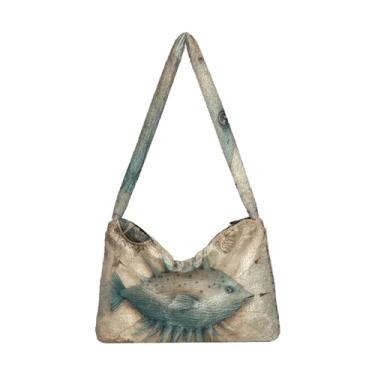 Imagem de Bolsas de ombro femininas verdes natalinas, bolsa de pelúcia Undersrm, bolsa de ombro feminina, Peixe baiacu vintage envelhecido marinho, One Size