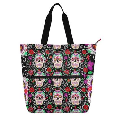 Imagem de Sacola feminina colorida com caveira de açúcar e flores de lona para escola, praia, escola, bolsas médias para amantes de livros, presentes