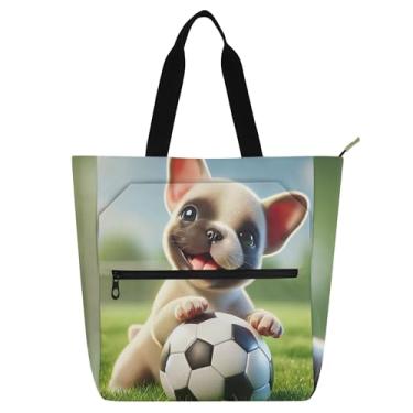 Imagem de Sacola feminina Bulldog Puppy Soccer Dog Work Tote de lona para livros de praia com zíper bolsas médias presente para amantes de livros