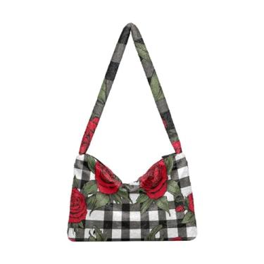 Imagem de Bolsa de ombro feminina com estampa de rosas vermelhas, bolsa de ombro, bolsa de ombro com zíper para mulheres, Rosas vermelhas no tabuleiro xadrez preto e branco 5, One Size