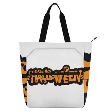 Imagem de GAIGEO Word Halloween Bolsa de trabalho laranja branca para mulheres, bolsa de lona universitária, bolsas para professores, amantes de livros