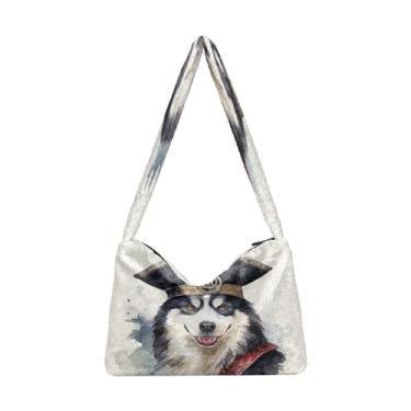 Imagem de Bolsa de ombro roxa de Halloween com abóboras no ombro, bolsas para mulheres, bolsas de outono, Lindo cachorro Husky usando um chapéu de pirata - 2, One Size