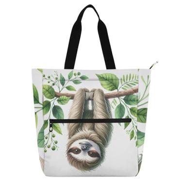 Imagem de GAIGEO Linda bolsa de mão de preguiça tropical para crianças e mulheres com zíper, reutilizável, lona, escola, trabalho, viagem