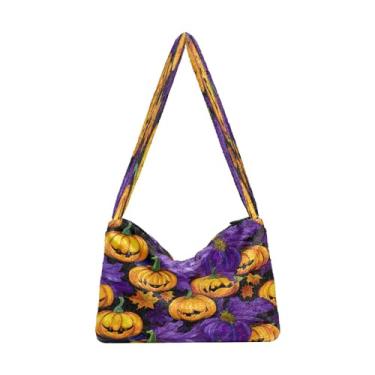 Imagem de Bolsas de ombro femininas coloridas papagaios e flores azuis, bolsas femininas, bolsas de livro para mulheres, Roxo com abóboras - 3, One Size