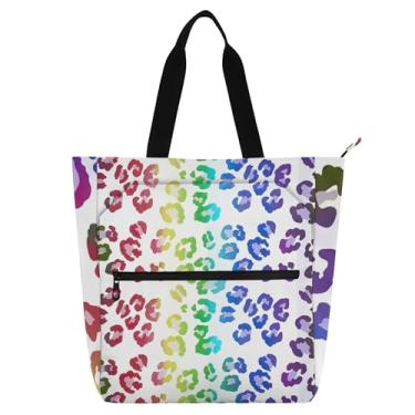 Imagem de GAIGEO Sacolas femininas brilhantes com estampa de leopardo arco-íris para trabalho bolsas de tecido de lona universitária bolsas médias com compartimentos