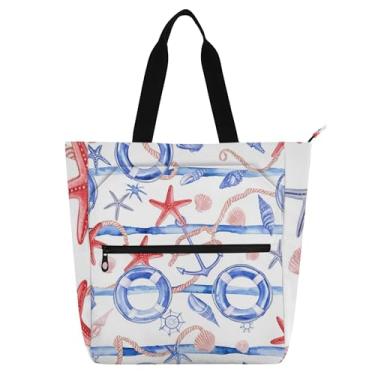 Imagem de GAIGEO Sacola feminina azul estrela do mar vermelha náutica para trabalho, lona, praia, escola, bolsa de mão para uso diário com compartimentos