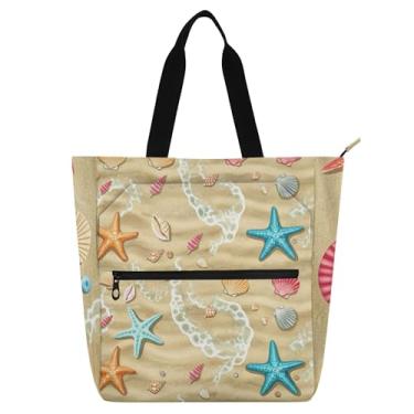 Imagem de GAIGEO Bolsa de praia colorida Starfish Seashells para crianças e mulheres com zíper à prova d'água livro escola trabalho viagem bolsa