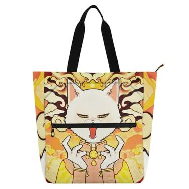 Imagem de GAIGEO Sacola feminina de desenho animado com personagem de gato branco, para trabalho, praia, livro, com zíper, bolsas de tecido com compartimentos