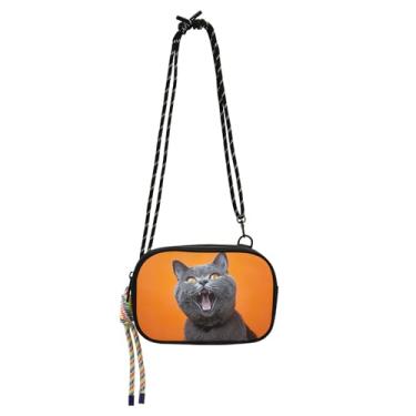Imagem de TSENQUE Bolsa feminina engraçada de gato engraçada pequena bolsa tiracolo bolsa de ombro pequena bolsa de ombro carteira de telefone de verão
