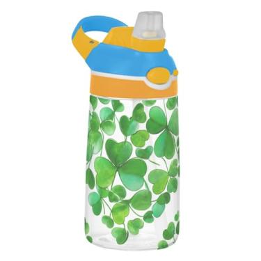Imagem de Garrafa de água infantil Tritan de 473 ml com tampa de palha, garrafa de água esportiva à prova de vazamento de 473 ml, copo infantil reutilizável portátil, alça de transporte, folhas verdes coração