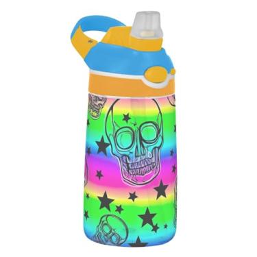 Imagem de Garrafa de água infantil com caveiras coloridas neon para escola, 473 ml Tritan 473 ml, garrafa de água esportiva com canudo, copo de viagem reutilizável para crianças, portátil, alça de transporte