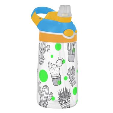 Imagem de Garrafa de água infantil de 473 ml, à prova de vazamento, 473 ml, garrafa de água esportiva Tritan com canudo, copo infantil reutilizável portátil, alça de transporte, cactos suculentas verdes pontos