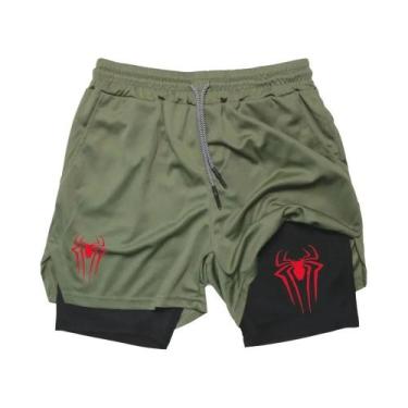 Imagem de Shorts Esportivos Masculinos Com Estampa De Aranha, Compressão 2 Em 1,