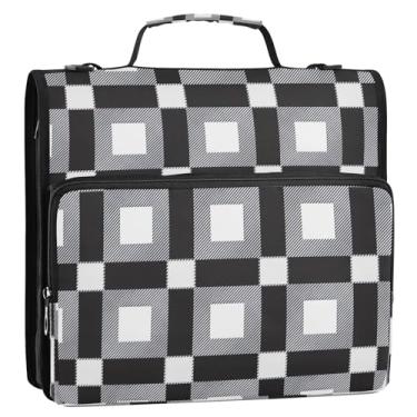 Imagem de Bolsa organizadora clássica de fichário xadrez buffalo, preto e branco, com alça, 3 anéis, anel D de 3 cm, suporte para pasta para escola e escritório