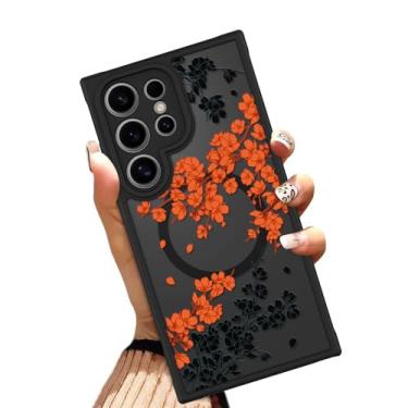 Imagem de OOK Capa para Samsung Galaxy S24 Ultra de 6,8 polegadas (compatível com carregamento sem fio) flores florais laranja translúcidas capa de telefone TPU macio + capa magnética rígida de policarbonato