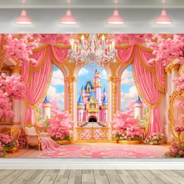 Imagem de LGhtyro Pano de fundo de jardim de castelo de princesa rosa 7Wx5H flor floral palácio de flor de cerejeira conto de fadas crianças meninas fotografia fundo decoração bonito fantasia tecido Fairyland