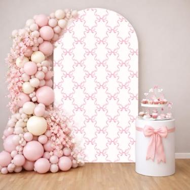 Imagem de Capas de pano de fundo de arco de festa de aniversário com tema de laço rosa, decoração de chá de bebê, decoração de arco, elastano, decoração de festa de festa de festa (3,3 x 6,5 pés, 4024)