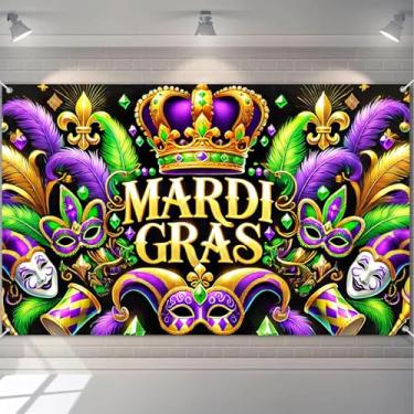 Imagem de HOMETITUTE Bandeira de máscara de carnaval de carnaval, 188 x 109 cm, decoração de festival, verde, roxo, dourado, colorido, máscara de bobo da corte, exibição vibrante, tema de celebração para