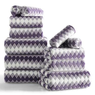 Imagem de Conjunto de 12 toalhas de diamante branco roxo - 4 toalhas de banho, 4 toalhas de mão, 4 toalhas de banho de poliéster macio com laço absorvente toalha de banho toalha de praia de secagem rápida