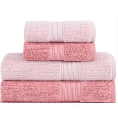 Imagem de Jogo de Toalhas de Banho Fio Penteado Canelado 4 Peças 100% Algodão Alta Absorção Banho e Rosto (Rosa Claro/Rosa Escuro)