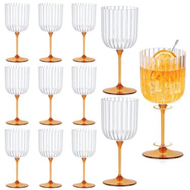 Imagem de 12 peças de taças de vinho com nervuras de plástico de 325 ml transparente e âmbar destacável cálice de vinho inquebrável vintage ondulado copos de água para coquetéis, festas, casamentos, piscina, ao