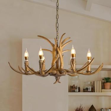 Imagem de Lustre de chifres marrons ajustável em estilo vintage, luminária pendente rústica com veado, decoração natalina, luminárias de resina com chifres para sala de jantar, sala de estar e cozinha