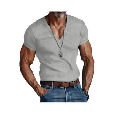 Imagem de Camiseta Masculina Slim Fit De Veludo Cotelê Com Decote Em V, Cor Sóli