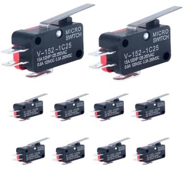 Imagem de JIQI 10 peças V-152-1C25 micro interruptor de limite com braço de alavanca de dobradiça reta de comprimento médio de 1,06 pol (27 mm) SPDT NO e modos de comutação NC e terminais de latão de 3 pinos.