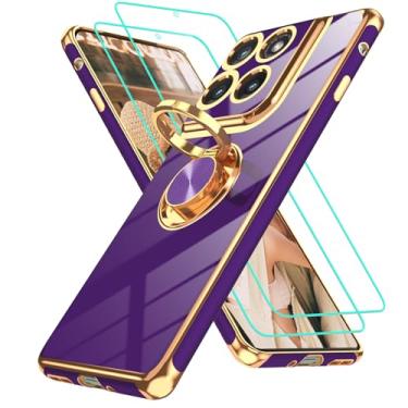 Imagem de Gritup Capa para Motorola Moto Edge 2025: 2 peças, protetor de tela, suporte magnético de rotação de 360°, capa protetora de TPU macio com borda dourada, roxa