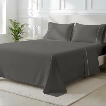 Imagem de THREAD SPREAD Conjunto de lençóis King 100% algodão egípcio – Conjunto de lençóis King Size de algodão egípcio de luxo da série 2000 (4 peças, cinza escuro), macio e refrescante, lençol de coleção de