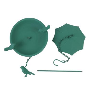Imagem de Alimentador de pássaros pendurado, grande capacidade, guarda-chuva de metal verde, bandeja de banho suspensa para jardim ao ar livre, pássaros, construção de ferro, 18x69cm