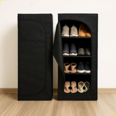 Imagem de Sapateira Organizadora Multiuso com 4 Prateleiras e Zíper Impermeável Armário Leve para Sapatos Roupas Brinquedos(Preto)