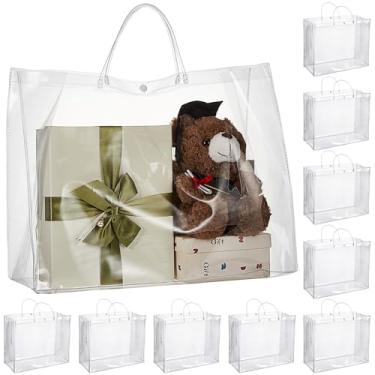 Imagem de AmazingSpark Pacote com 10 sacos de presente grandes transparentes de 45,7 cm x 20,3 cm x 35,5 cm com alça grandes sacolas plásticas reutilizáveis para pequenas empresas, boutique, casamento, dia dos