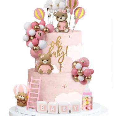 Imagem de Acmee 44 peças de topo de bolo de urso - Mini urso 3D letras de bebê garrafa de leite bolas de espuma ouro rosa topos de bolo para meninos meninas festa de aniversário decoração de bolo de chá de bebê