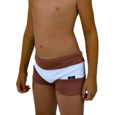 Imagem de Sunga Infantil Boxer Moda Praia Tricolor Marrom e Branco Proteção UV-Masculino