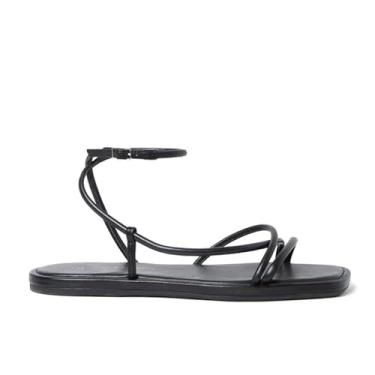 Imagem de STALOV Sandálias rasteiras femininas com tiras quadradas, bico aberto, couro, tira no tornozelo, sandálias rasteiras confortáveis para praia e verão, Preto, 40