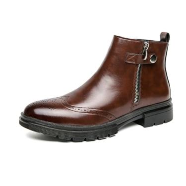 Imagem de Bota masculina Brogue no tornozelo casual com zíper lateral Chelsea botas de couro PU bico redondo, Marrom, 40 BR