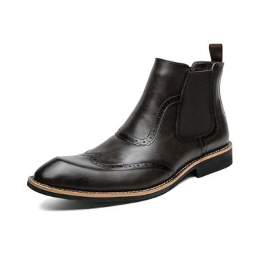 Imagem de Bota social masculina Brogue para negócios, moderna, formal, Chelsea, casual, sem cadarço, cano curto, Marrom escuro, 37